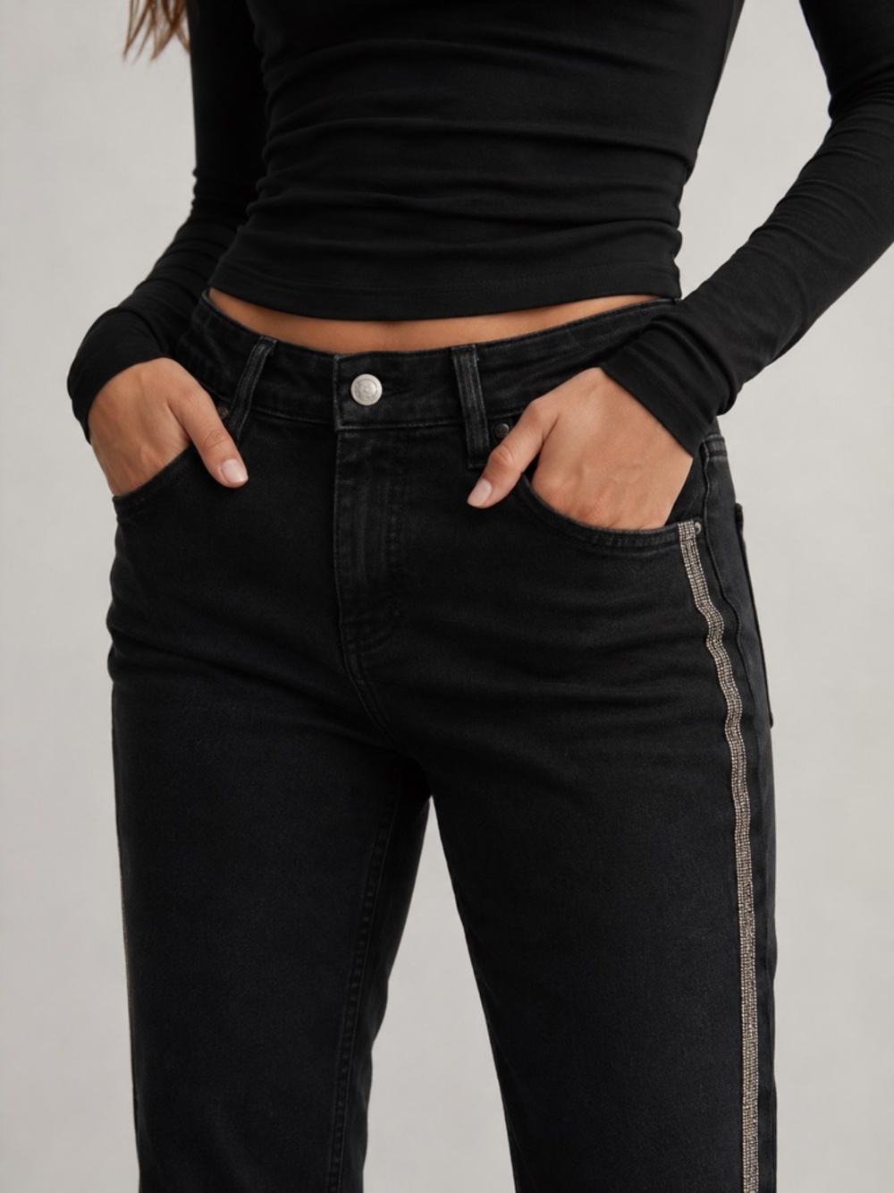 NWT Mango Black Slim Fit Jeans Rhinestone Side Stripe - size 6